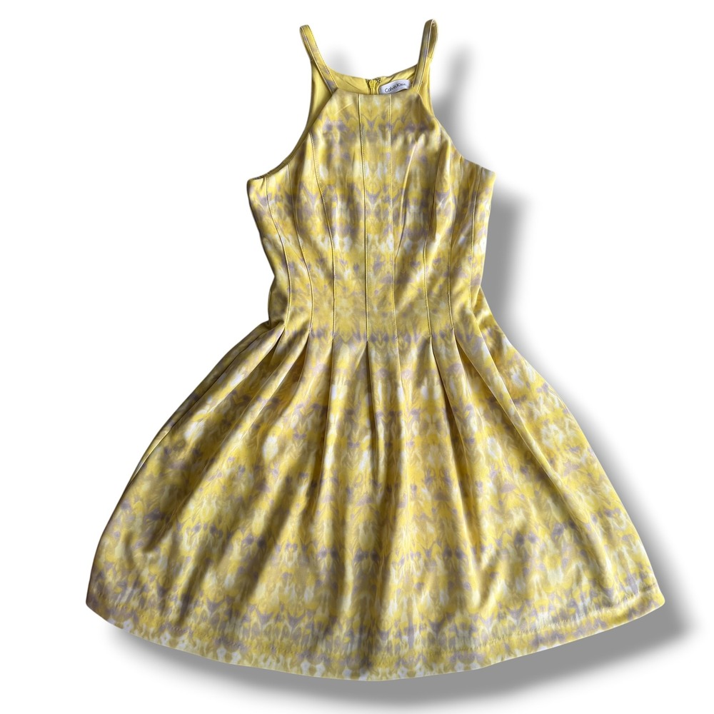 Calvin Klein Womens 2 Yellow Grey Tie Dye Stretch Scuba Halter Fit & Flare Dress